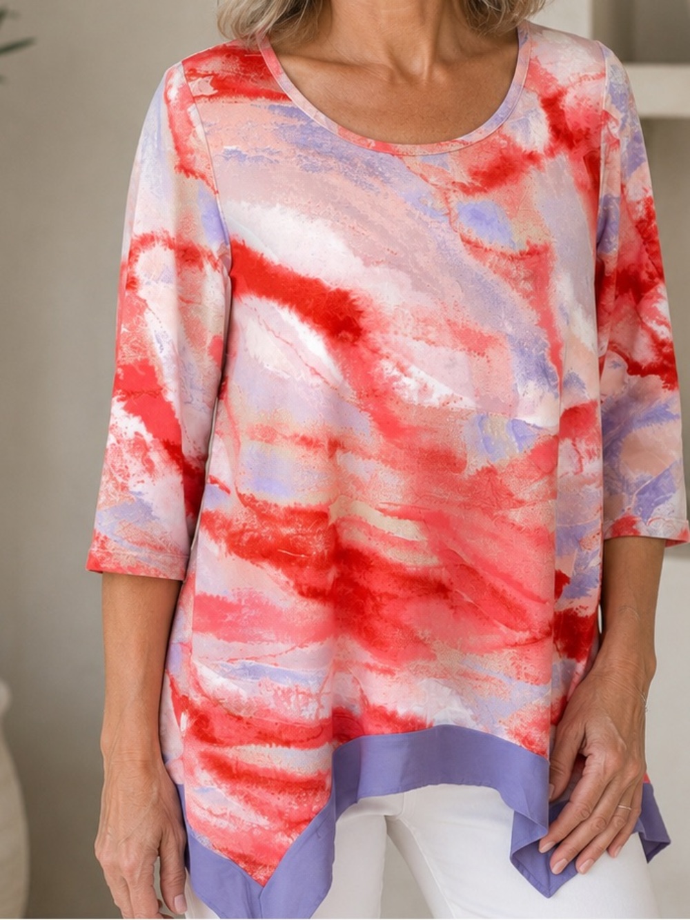 NWT LOGO by Lori Goldstein XS Purple Coral Print Mesh Hem Asymmetrical Tunic Top